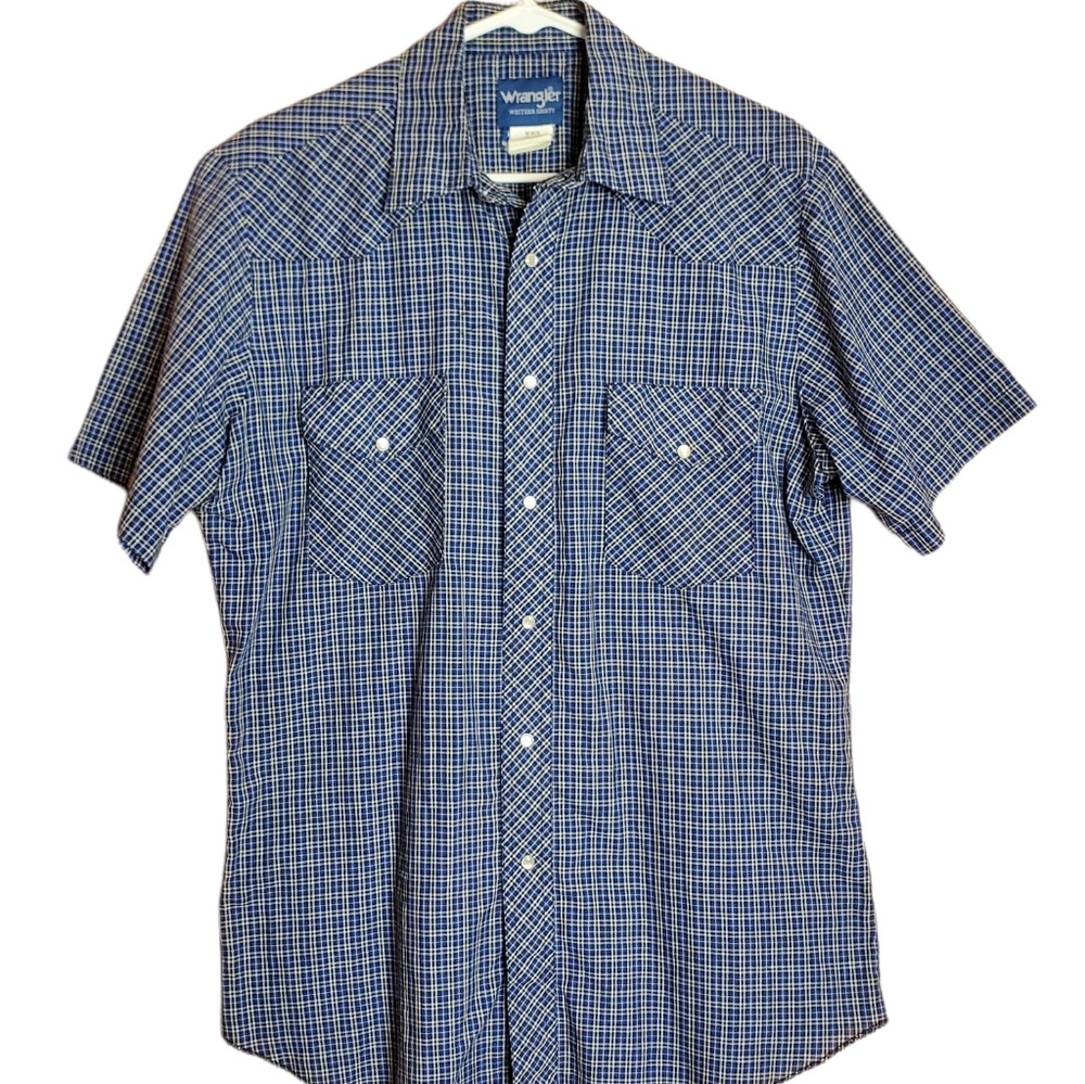 Mens Wrangler Blue Plaid Short Sleeve Pearl Snap Button Down M